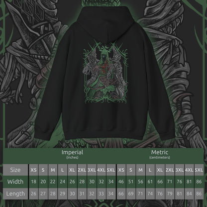 Size chart of a Hooded Sweatshirt of Ironeye from Elden Ring Nightreign, a spectral archer emerging from deep shadow as the Night’s Tide consumes the lands of Limveld. His bow is raised toward unseen prey while faint necromantic light glows from his undead form beneath a tattered cloak. The design captures a hidden servant of darkness, determined to defeat the Night Lord and secure immortality within the endless night.