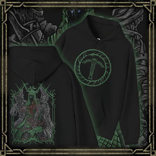 Thumbnail of a Hooded Sweatshirt of Ironeye from Elden Ring Nightreign, a spectral archer emerging from deep shadow as the Night’s Tide consumes the lands of Limveld. His bow is raised toward unseen prey while faint necromantic light glows from his undead form beneath a tattered cloak. The design captures a hidden servant of darkness, determined to defeat the Night Lord and secure immortality within the endless night.