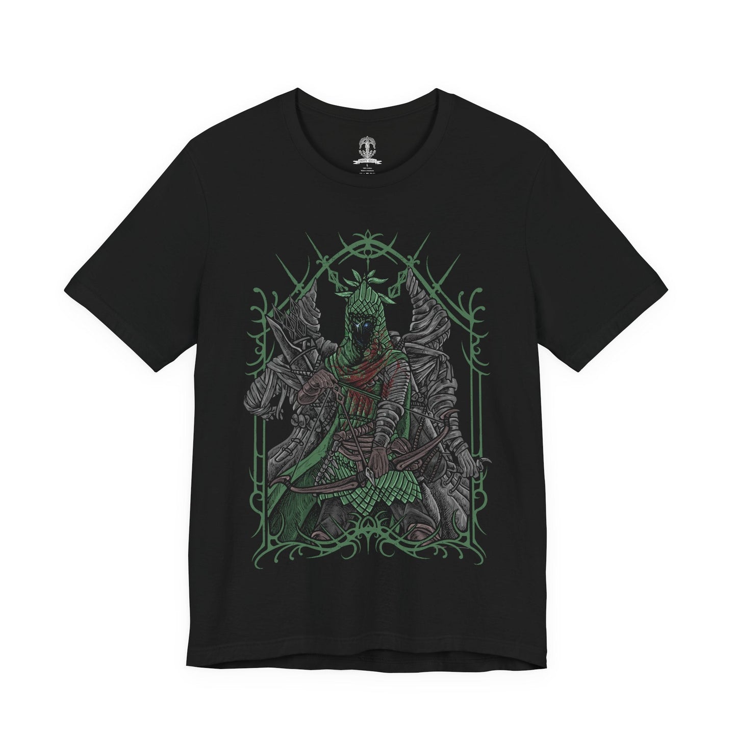 Image 4 of a T-shirt design of Ironeye from Elden Ring Nightreign, a mysterious undead archer of the Fellowship standing beneath an endless moonlit sky as the Night’s Tide blankets Limveld. His hooded silhouette draws a longbow with deadly precision while faint green deathlight glows from within his armor. The design captures a silent assassin who fights not to end the night, but to preserve its eternal darkness.