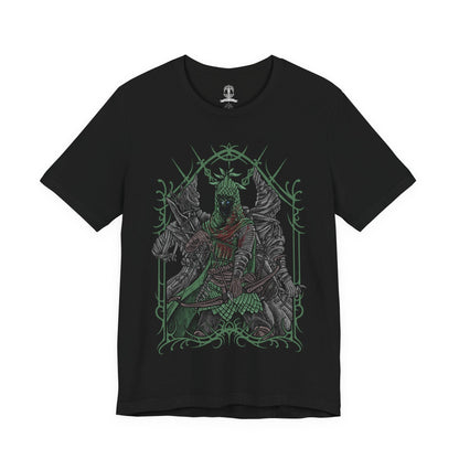 Image 4 of a T-shirt design of Ironeye from Elden Ring Nightreign, a mysterious undead archer of the Fellowship standing beneath an endless moonlit sky as the Night’s Tide blankets Limveld. His hooded silhouette draws a longbow with deadly precision while faint green deathlight glows from within his armor. The design captures a silent assassin who fights not to end the night, but to preserve its eternal darkness.