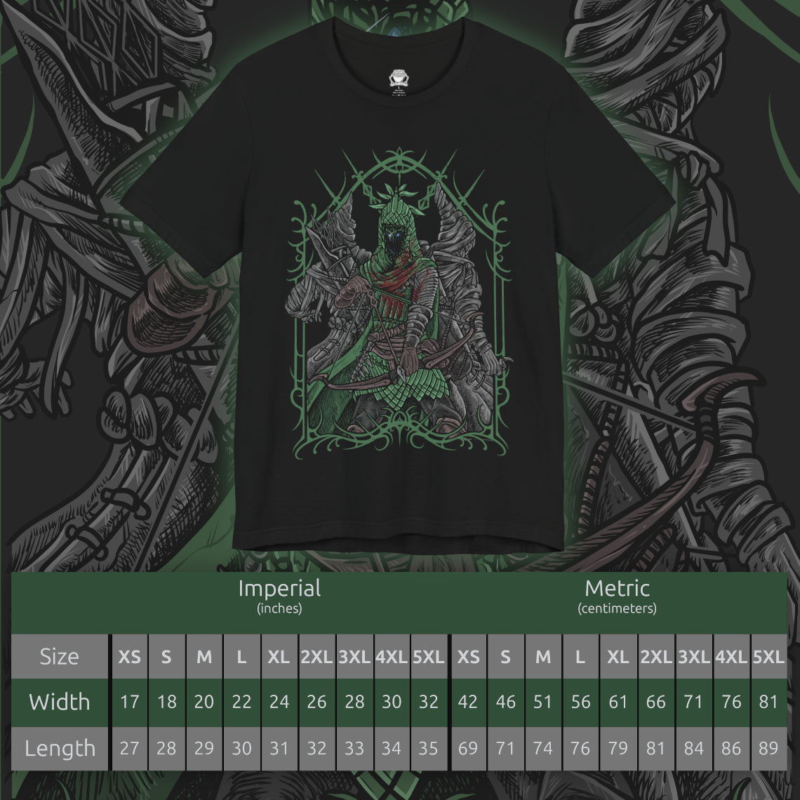 Size chart of a T-shirt design of Ironeye from Elden Ring Nightreign, a mysterious undead archer of the Fellowship standing beneath an endless moonlit sky as the Night’s Tide blankets Limveld. His hooded silhouette draws a longbow with deadly precision while faint green deathlight glows from within his armor. The design captures a silent assassin who fights not to end the night, but to preserve its eternal darkness.