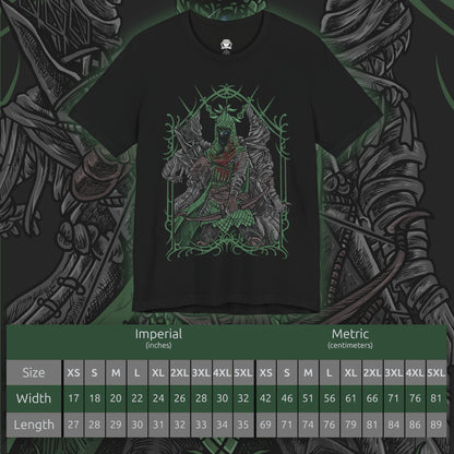 Size chart of a T-shirt design of Ironeye from Elden Ring Nightreign, a mysterious undead archer of the Fellowship standing beneath an endless moonlit sky as the Night’s Tide blankets Limveld. His hooded silhouette draws a longbow with deadly precision while faint green deathlight glows from within his armor. The design captures a silent assassin who fights not to end the night, but to preserve its eternal darkness.
