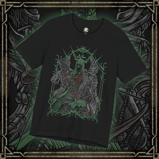 Thumbnail of a T-shirt design of Ironeye from Elden Ring Nightreign, a mysterious undead archer of the Fellowship standing beneath an endless moonlit sky as the Night’s Tide blankets Limveld. His hooded silhouette draws a longbow with deadly precision while faint green deathlight glows from within his armor. The design captures a silent assassin who fights not to end the night, but to preserve its eternal darkness.