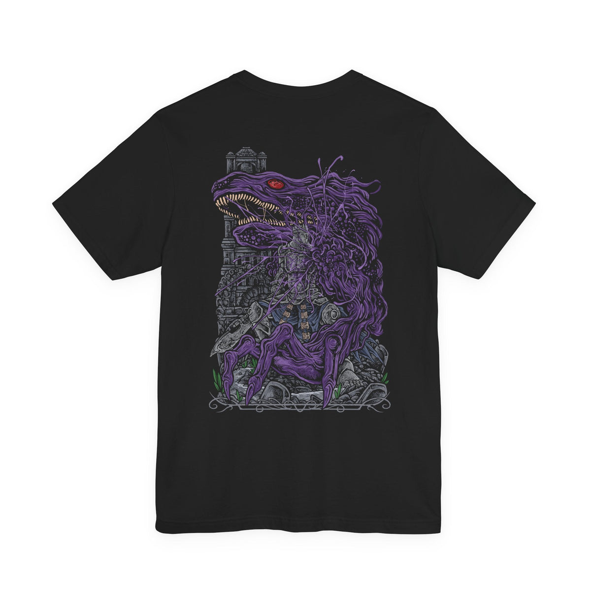 Image 5 of a Double-sided T-Shirt artwork featuring corrupted Iudex Gundyr from Dark Souls III, with the massive armored knight wielding his halberd as a writhing black creature erupts from his upper body. The composition highlights the contrast between Gundyr’s imposing knightly silhouette and the unnatural corruption consuming him, evoking the grim atmosphere of the Cemetery of Ash and the Ashen One’s first desperate battle.