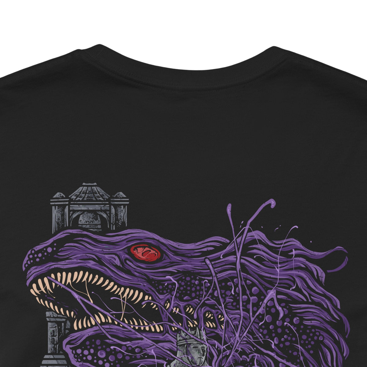 Image 7 of a Double-sided T-Shirt artwork featuring corrupted Iudex Gundyr from Dark Souls III, with the massive armored knight wielding his halberd as a writhing black creature erupts from his upper body. The composition highlights the contrast between Gundyr’s imposing knightly silhouette and the unnatural corruption consuming him, evoking the grim atmosphere of the Cemetery of Ash and the Ashen One’s first desperate battle.