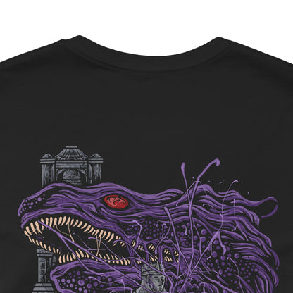 Image 7 of a Double-sided T-Shirt artwork featuring corrupted Iudex Gundyr from Dark Souls III, with the massive armored knight wielding his halberd as a writhing black creature erupts from his upper body. The composition highlights the contrast between Gundyr’s imposing knightly silhouette and the unnatural corruption consuming him, evoking the grim atmosphere of the Cemetery of Ash and the Ashen One’s first desperate battle.