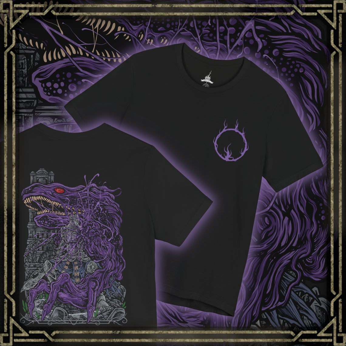 Thumbnail of a Double-sided T-Shirt artwork featuring corrupted Iudex Gundyr from Dark Souls III, with the massive armored knight wielding his halberd as a writhing black creature erupts from his upper body. The composition highlights the contrast between Gundyr’s imposing knightly silhouette and the unnatural corruption consuming him, evoking the grim atmosphere of the Cemetery of Ash and the Ashen One’s first desperate battle.