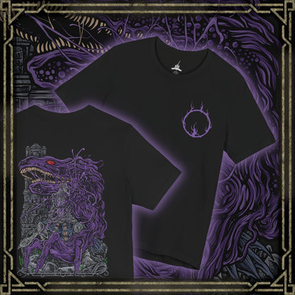 Thumbnail of a Double-sided T-Shirt artwork featuring corrupted Iudex Gundyr from Dark Souls III, with the massive armored knight wielding his halberd as a writhing black creature erupts from his upper body. The composition highlights the contrast between Gundyr’s imposing knightly silhouette and the unnatural corruption consuming him, evoking the grim atmosphere of the Cemetery of Ash and the Ashen One’s first desperate battle.