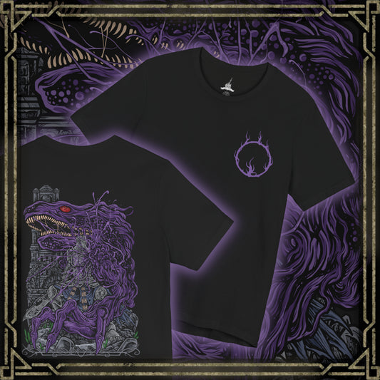 Thumbnail of a Double-sided T-Shirt artwork featuring corrupted Iudex Gundyr from Dark Souls III, with the massive armored knight wielding his halberd as a writhing black creature erupts from his upper body. The composition highlights the contrast between Gundyr’s imposing knightly silhouette and the unnatural corruption consuming him, evoking the grim atmosphere of the Cemetery of Ash and the Ashen One’s first desperate battle.