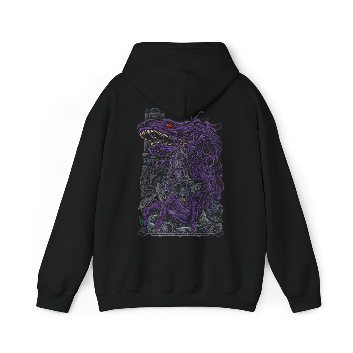 Image 5 of a Hooded Sweatshirt design of corrupted Iudex Gundyr from Dark Souls III, standing in a menacing pose with his enormous halberd as a black serpentine monstrosity twists out of his armored body. Weathered metal, dark organic forms, and ominous shadows create a grim composition inspired by the Cemetery of Ash. The artwork emphasizes Gundyr’s intimidating stature, tragic past, and horrifying transformation into one of Lothric’s most memorable bosses.