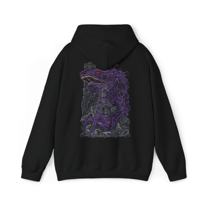 Image 5 of a Hooded Sweatshirt design of corrupted Iudex Gundyr from Dark Souls III, standing in a menacing pose with his enormous halberd as a black serpentine monstrosity twists out of his armored body. Weathered metal, dark organic forms, and ominous shadows create a grim composition inspired by the Cemetery of Ash. The artwork emphasizes Gundyr’s intimidating stature, tragic past, and horrifying transformation into one of Lothric’s most memorable bosses.