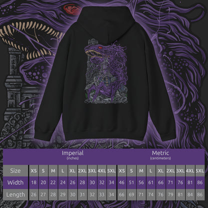 Size chart of a Hooded Sweatshirt design of corrupted Iudex Gundyr from Dark Souls III, standing in a menacing pose with his enormous halberd as a black serpentine monstrosity twists out of his armored body. Weathered metal, dark organic forms, and ominous shadows create a grim composition inspired by the Cemetery of Ash. The artwork emphasizes Gundyr’s intimidating stature, tragic past, and horrifying transformation into one of Lothric’s most memorable bosses.