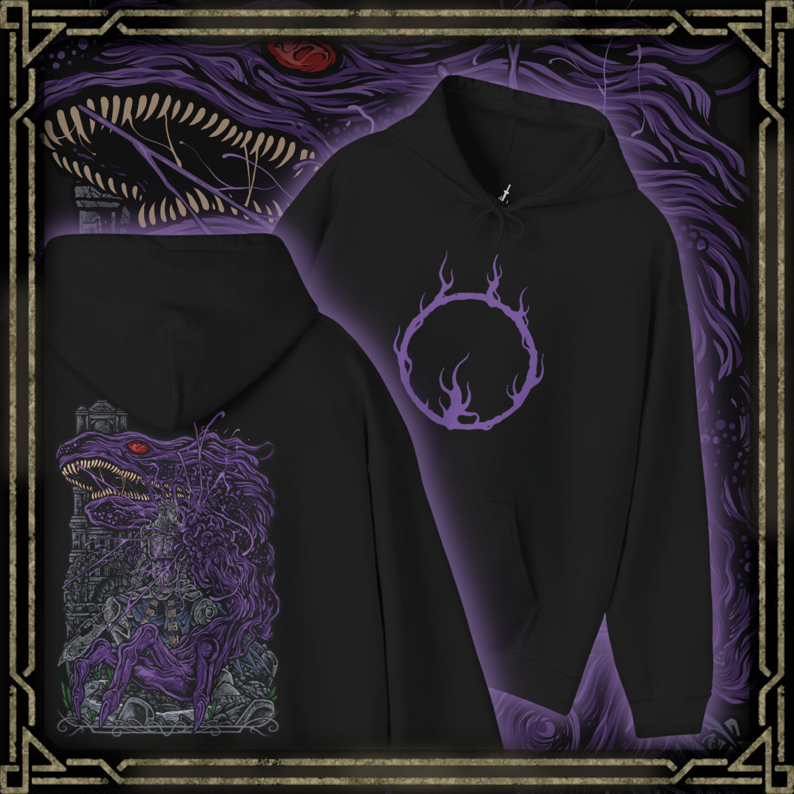 Thumbnail of a Hooded Sweatshirt design of corrupted Iudex Gundyr from Dark Souls III, standing in a menacing pose with his enormous halberd as a black serpentine monstrosity twists out of his armored body. Weathered metal, dark organic forms, and ominous shadows create a grim composition inspired by the Cemetery of Ash. The artwork emphasizes Gundyr’s intimidating stature, tragic past, and horrifying transformation into one of Lothric’s most memorable bosses.