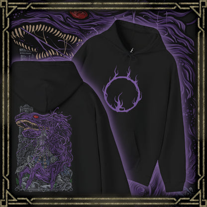 Thumbnail of a Hooded Sweatshirt design of corrupted Iudex Gundyr from Dark Souls III, standing in a menacing pose with his enormous halberd as a black serpentine monstrosity twists out of his armored body. Weathered metal, dark organic forms, and ominous shadows create a grim composition inspired by the Cemetery of Ash. The artwork emphasizes Gundyr’s intimidating stature, tragic past, and horrifying transformation into one of Lothric’s most memorable bosses.