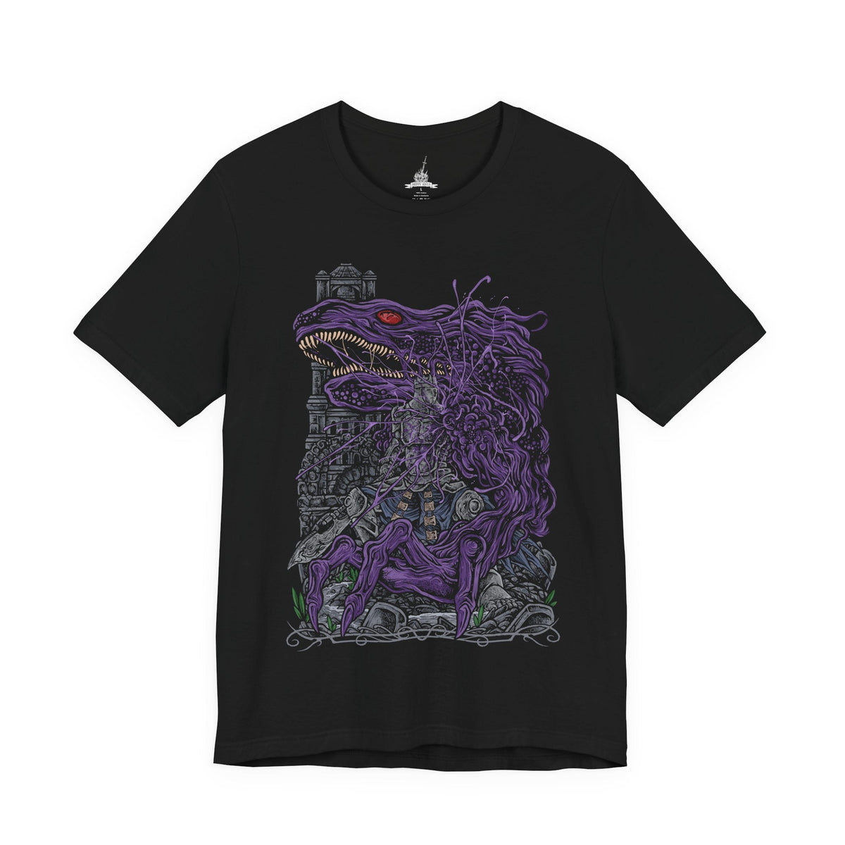 Image 4 of a T-Shirt design of corrupted Iudex Gundyr from Dark Souls III, depicting the towering armored judge as a grotesque black serpent-like mass erupts from his body. His massive halberd and battered armor frame the monstrous transformation, while dark shadows and ominous energy emphasize the terrifying second phase of the boss fight. The artwork captures Gundyr’s brutal strength, corrupted form, and role as the first major challenge faced by the Ashen One.