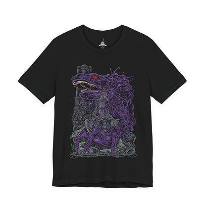 Image 4 of a T-Shirt design of corrupted Iudex Gundyr from Dark Souls III, depicting the towering armored judge as a grotesque black serpent-like mass erupts from his body. His massive halberd and battered armor frame the monstrous transformation, while dark shadows and ominous energy emphasize the terrifying second phase of the boss fight. The artwork captures Gundyr’s brutal strength, corrupted form, and role as the first major challenge faced by the Ashen One.