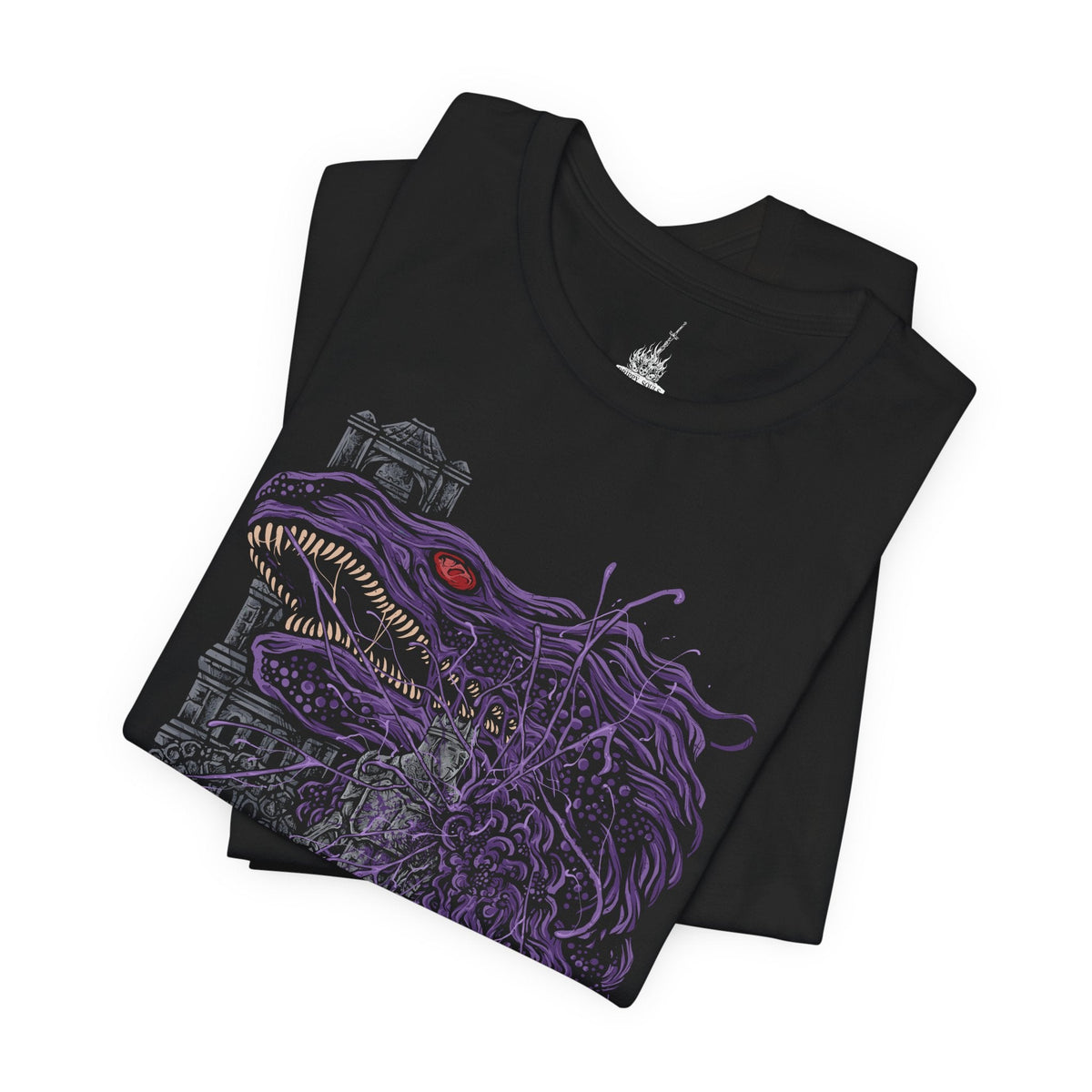 Image 5 of a T-Shirt design of corrupted Iudex Gundyr from Dark Souls III, depicting the towering armored judge as a grotesque black serpent-like mass erupts from his body. His massive halberd and battered armor frame the monstrous transformation, while dark shadows and ominous energy emphasize the terrifying second phase of the boss fight. The artwork captures Gundyr’s brutal strength, corrupted form, and role as the first major challenge faced by the Ashen One.