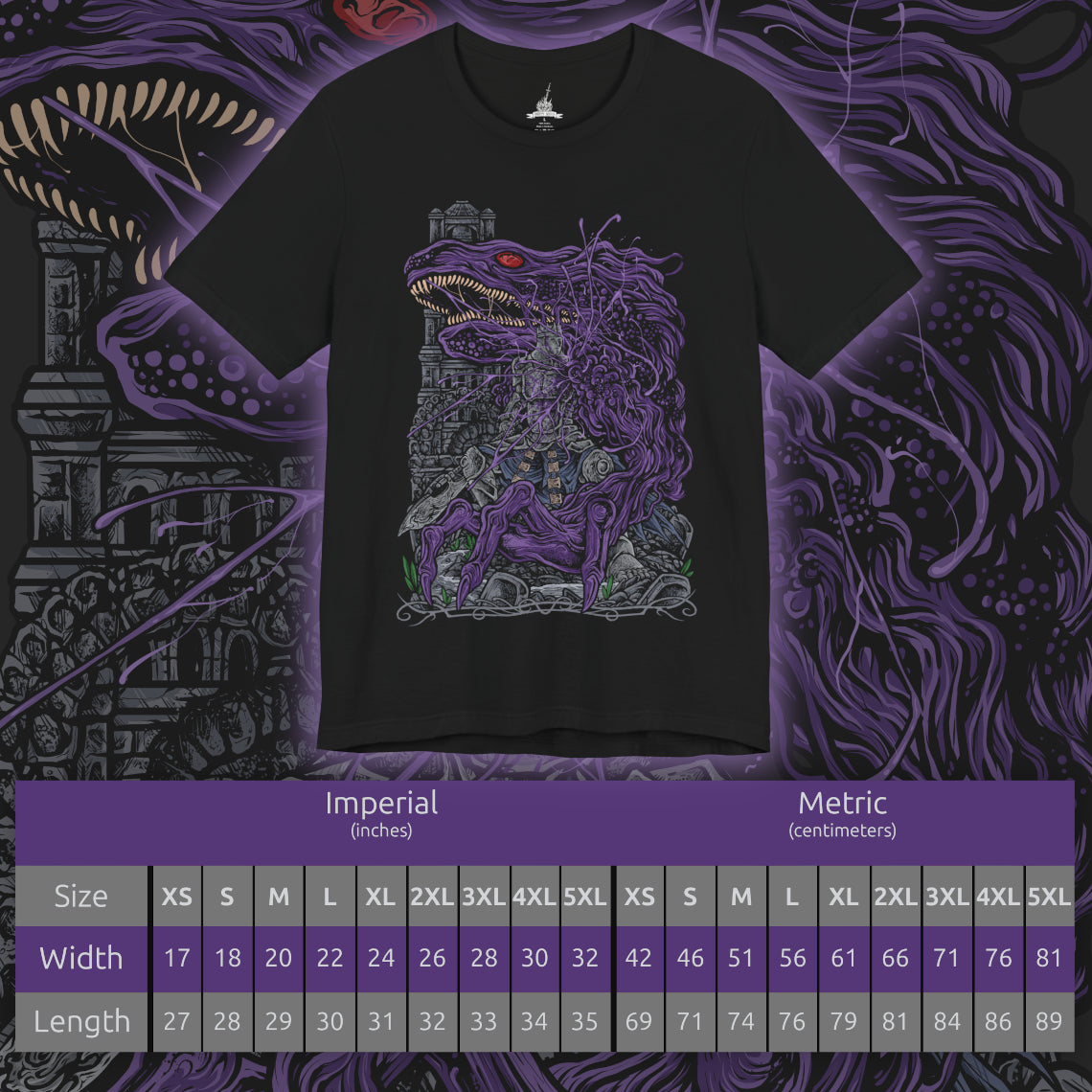 Size chart of a T-Shirt design of corrupted Iudex Gundyr from Dark Souls III, depicting the towering armored judge as a grotesque black serpent-like mass erupts from his body. His massive halberd and battered armor frame the monstrous transformation, while dark shadows and ominous energy emphasize the terrifying second phase of the boss fight. The artwork captures Gundyr’s brutal strength, corrupted form, and role as the first major challenge faced by the Ashen One.