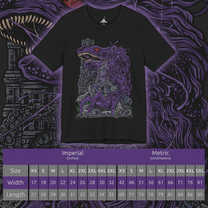 Size chart of a T-Shirt design of corrupted Iudex Gundyr from Dark Souls III, depicting the towering armored judge as a grotesque black serpent-like mass erupts from his body. His massive halberd and battered armor frame the monstrous transformation, while dark shadows and ominous energy emphasize the terrifying second phase of the boss fight. The artwork captures Gundyr’s brutal strength, corrupted form, and role as the first major challenge faced by the Ashen One.