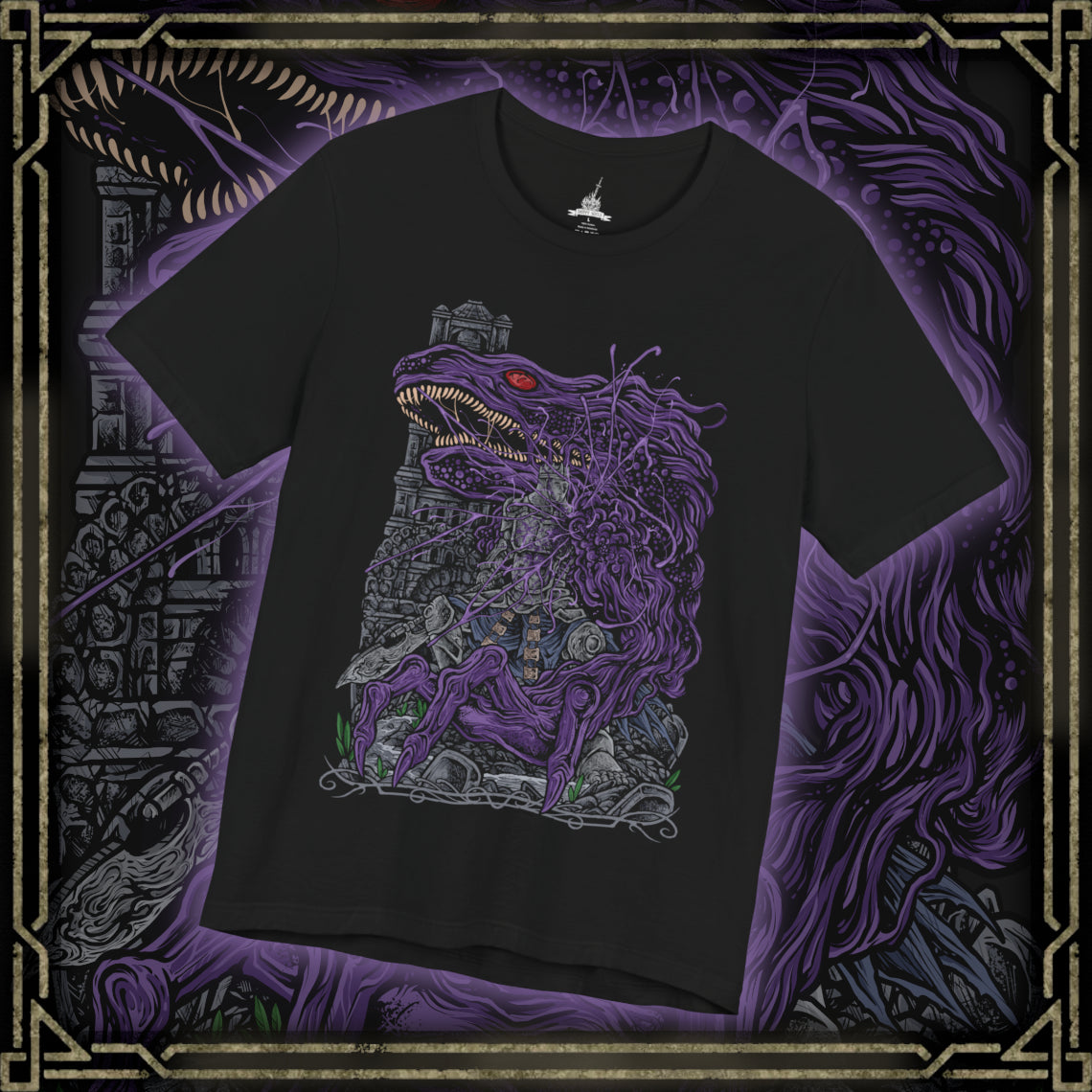 Thumbnail of a T-Shirt design of corrupted Iudex Gundyr from Dark Souls III, depicting the towering armored judge as a grotesque black serpent-like mass erupts from his body. His massive halberd and battered armor frame the monstrous transformation, while dark shadows and ominous energy emphasize the terrifying second phase of the boss fight. The artwork captures Gundyr’s brutal strength, corrupted form, and role as the first major challenge faced by the Ashen One.