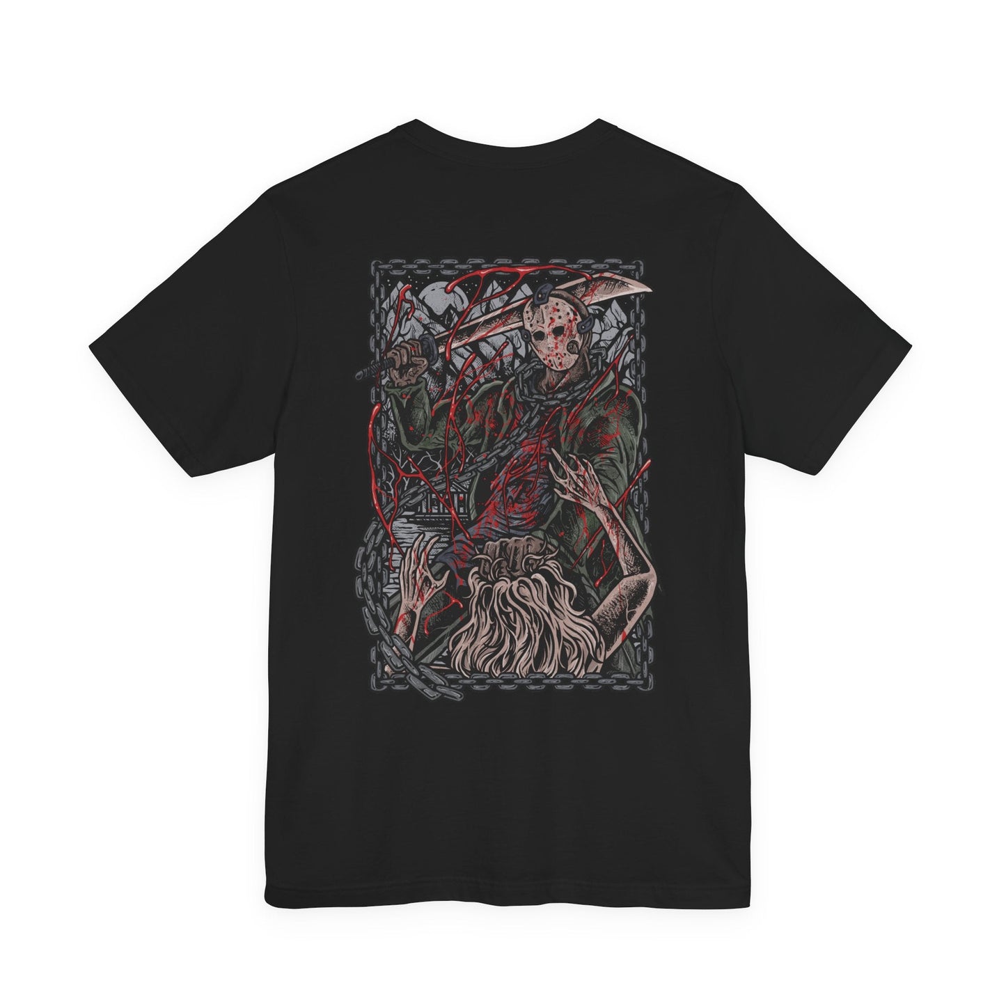 Image 5 of a T-Shirt artwork depicting Jason emerging from the waters of Crystal Lake, soaked clothing clinging to his massive frame as ripples spread across the surface. Fog rolls over the shoreline while distant cabins sit abandoned. This design reflects his relentless return, the fear tied to the lake, and the haunting legacy of one of horror’s most iconic slashers.