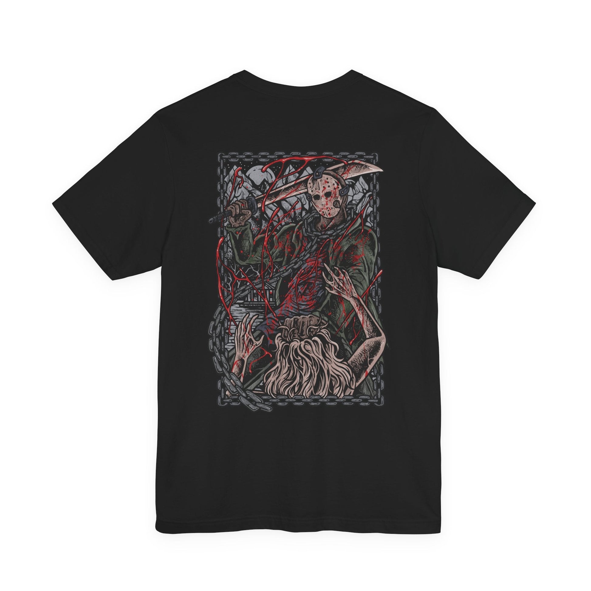Image 5 of a T-Shirt artwork depicting Jason emerging from the waters of Crystal Lake, soaked clothing clinging to his massive frame as ripples spread across the surface. Fog rolls over the shoreline while distant cabins sit abandoned. This design reflects his relentless return, the fear tied to the lake, and the haunting legacy of one of horror’s most iconic slashers.