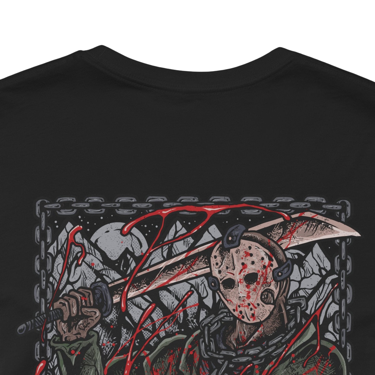 Image 7 of a T-Shirt artwork depicting Jason emerging from the waters of Crystal Lake, soaked clothing clinging to his massive frame as ripples spread across the surface. Fog rolls over the shoreline while distant cabins sit abandoned. This design reflects his relentless return, the fear tied to the lake, and the haunting legacy of one of horror’s most iconic slashers.
