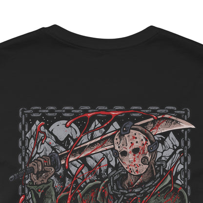 Image 7 of a T-Shirt artwork depicting Jason emerging from the waters of Crystal Lake, soaked clothing clinging to his massive frame as ripples spread across the surface. Fog rolls over the shoreline while distant cabins sit abandoned. This design reflects his relentless return, the fear tied to the lake, and the haunting legacy of one of horror’s most iconic slashers.