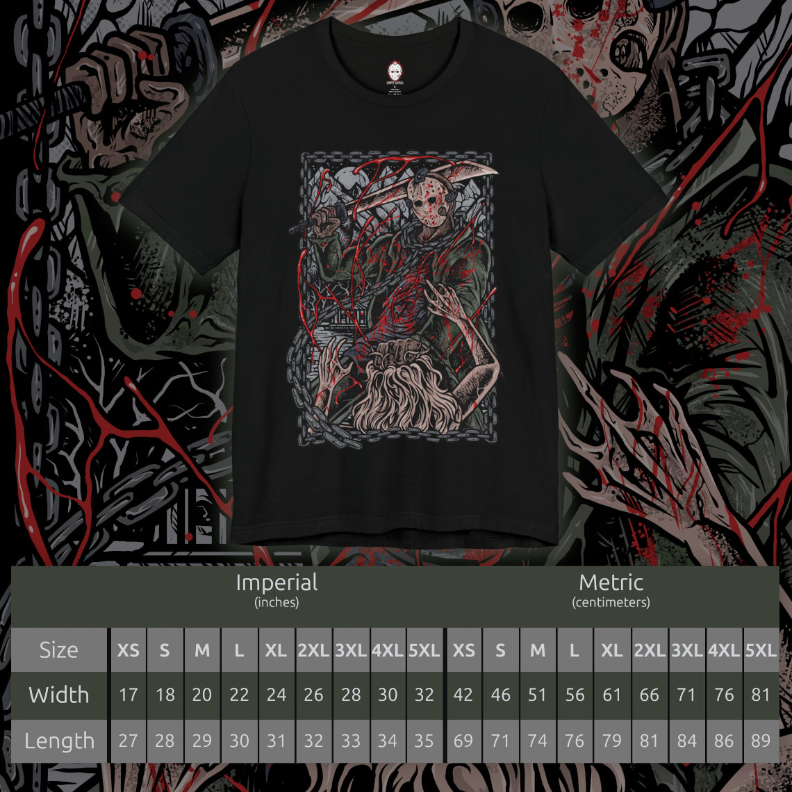 Size chart of a T-Shirt artwork depicting Jason emerging from the waters of Crystal Lake, soaked clothing clinging to his massive frame as ripples spread across the surface. Fog rolls over the shoreline while distant cabins sit abandoned. This design reflects his relentless return, the fear tied to the lake, and the haunting legacy of one of horror’s most iconic slashers.
