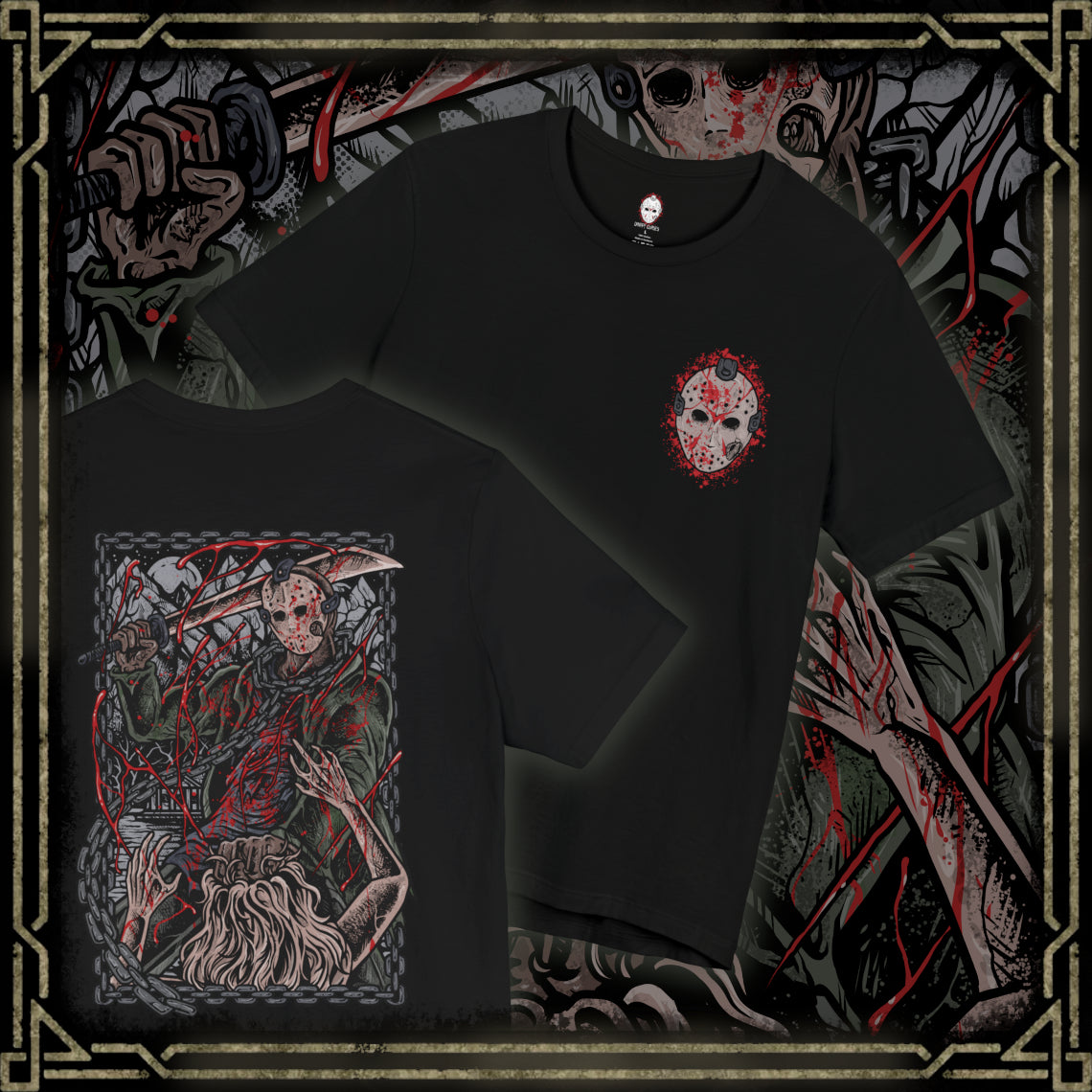 Thumbnail of a T-Shirt artwork depicting Jason emerging from the waters of Crystal Lake, soaked clothing clinging to his massive frame as ripples spread across the surface. Fog rolls over the shoreline while distant cabins sit abandoned. This design reflects his relentless return, the fear tied to the lake, and the haunting legacy of one of horror’s most iconic slashers.