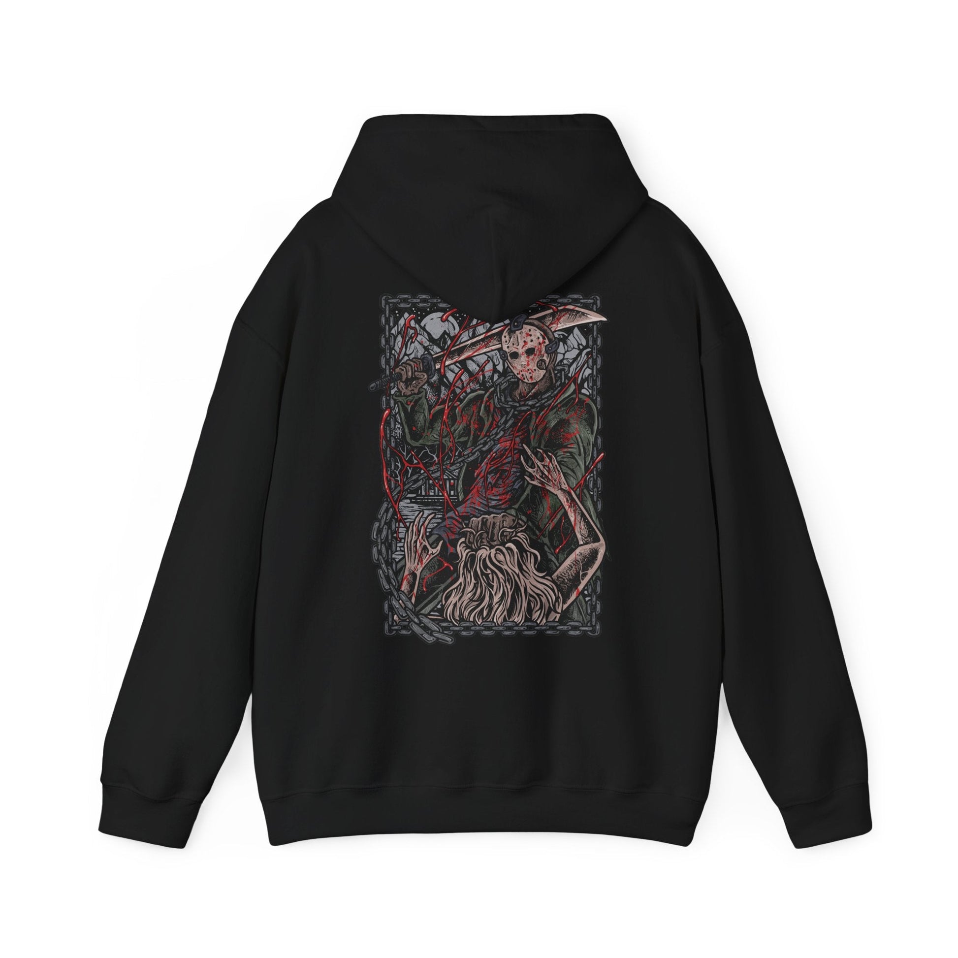 Image 5 of a Hooded Sweatshirt of Jason Voorhees walking through the forest surrounding Crystal Lake, machete in hand as shadows stretch between the trees. His worn hockey mask and silent presence create an atmosphere of dread. The composition emphasizes isolation, inevitability, and the chilling myth of a killer who always comes back.