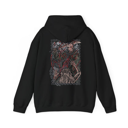 Image 5 of a Hooded Sweatshirt of Jason Voorhees walking through the forest surrounding Crystal Lake, machete in hand as shadows stretch between the trees. His worn hockey mask and silent presence create an atmosphere of dread. The composition emphasizes isolation, inevitability, and the chilling myth of a killer who always comes back.