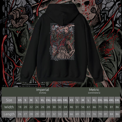 Size chart of a Hooded Sweatshirt of Jason Voorhees walking through the forest surrounding Crystal Lake, machete in hand as shadows stretch between the trees. His worn hockey mask and silent presence create an atmosphere of dread. The composition emphasizes isolation, inevitability, and the chilling myth of a killer who always comes back.
