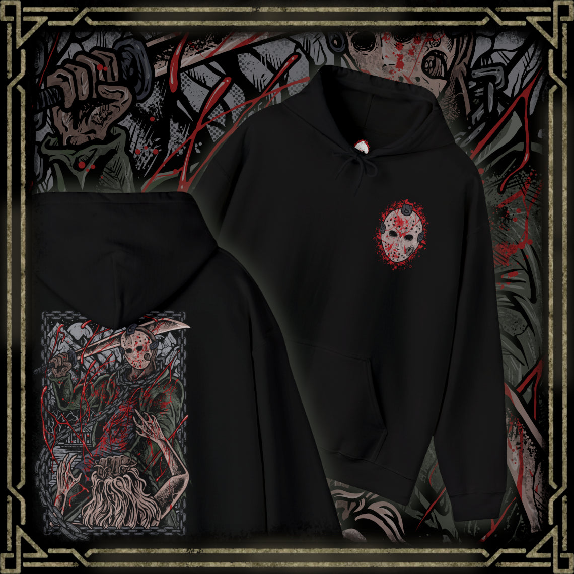 Thumbnail of a Hooded Sweatshirt of Jason Voorhees walking through the forest surrounding Crystal Lake, machete in hand as shadows stretch between the trees. His worn hockey mask and silent presence create an atmosphere of dread. The composition emphasizes isolation, inevitability, and the chilling myth of a killer who always comes back.