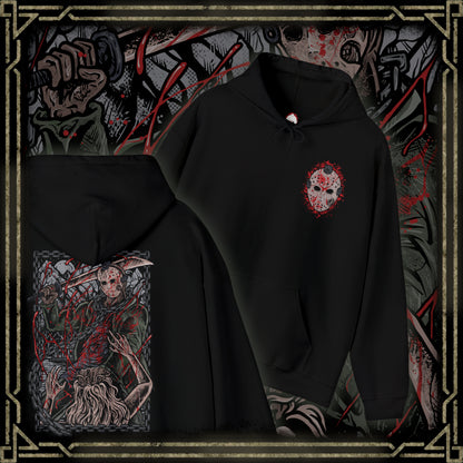 Thumbnail of a Hooded Sweatshirt of Jason Voorhees walking through the forest surrounding Crystal Lake, machete in hand as shadows stretch between the trees. His worn hockey mask and silent presence create an atmosphere of dread. The composition emphasizes isolation, inevitability, and the chilling myth of a killer who always comes back.