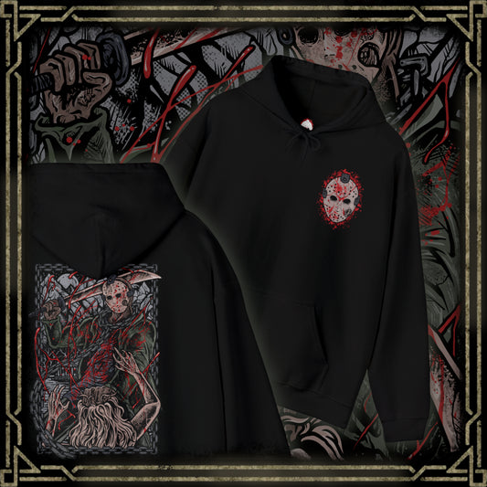 Thumbnail of a Hooded Sweatshirt of Jason Voorhees walking through the forest surrounding Crystal Lake, machete in hand as shadows stretch between the trees. His worn hockey mask and silent presence create an atmosphere of dread. The composition emphasizes isolation, inevitability, and the chilling myth of a killer who always comes back.