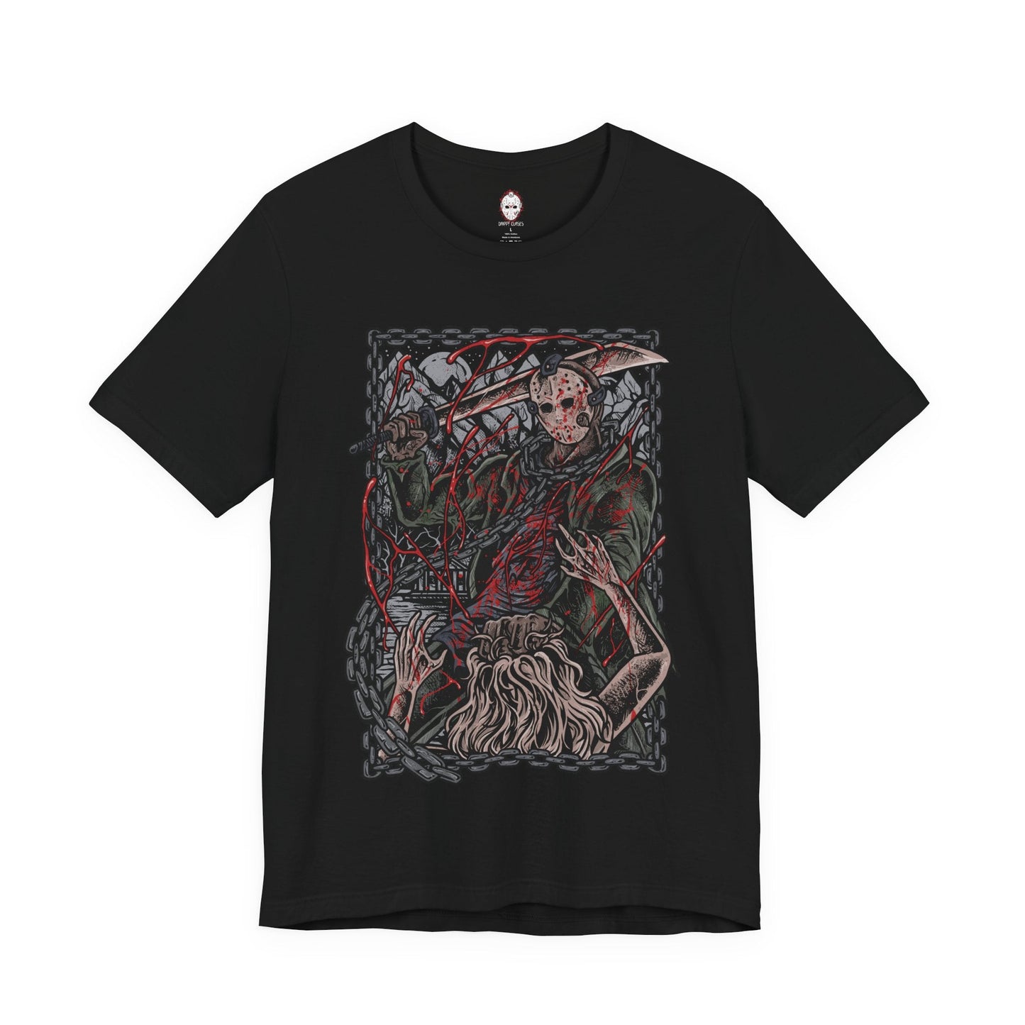 Image 4 of a T-Shirt design of Jason Voorhees from Friday the 13th, standing at the edge of Crystal Lake beneath a moonlit sky. His hockey mask reflects dim light as he grips a bloodstained machete, with trees and cabins fading into darkness behind him. The design captures the eerie silence of the camp and the unstoppable presence of a killer bound to the легенd of Crystal Lake.