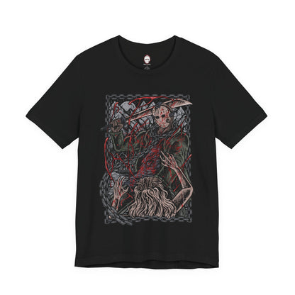 Image 4 of a T-Shirt design of Jason Voorhees from Friday the 13th, standing at the edge of Crystal Lake beneath a moonlit sky. His hockey mask reflects dim light as he grips a bloodstained machete, with trees and cabins fading into darkness behind him. The design captures the eerie silence of the camp and the unstoppable presence of a killer bound to the легенd of Crystal Lake.