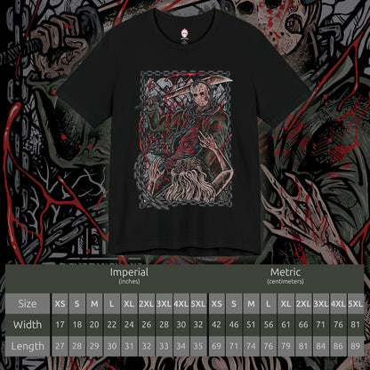 Size chart of a T-Shirt design of Jason Voorhees from Friday the 13th, standing at the edge of Crystal Lake beneath a moonlit sky. His hockey mask reflects dim light as he grips a bloodstained machete, with trees and cabins fading into darkness behind him. The design captures the eerie silence of the camp and the unstoppable presence of a killer bound to the легенd of Crystal Lake.