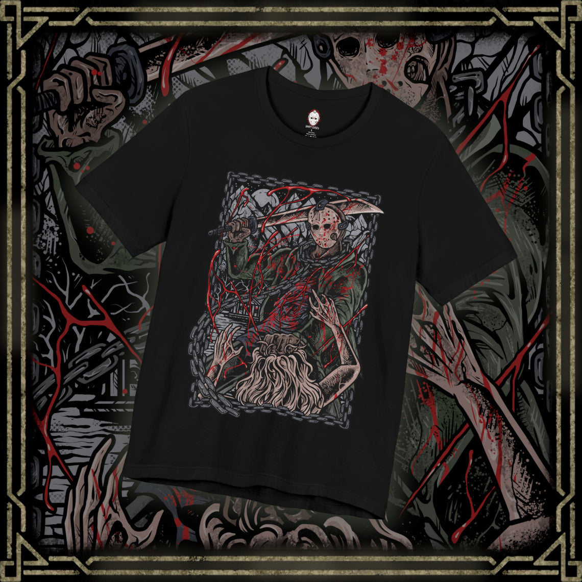 Thumbnail of a T-Shirt design of Jason Voorhees from Friday the 13th, standing at the edge of Crystal Lake beneath a moonlit sky. His hockey mask reflects dim light as he grips a bloodstained machete, with trees and cabins fading into darkness behind him. The design captures the eerie silence of the camp and the unstoppable presence of a killer bound to the легенd of Crystal Lake.