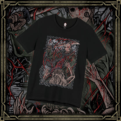 Thumbnail of a T-Shirt design of Jason Voorhees from Friday the 13th, standing at the edge of Crystal Lake beneath a moonlit sky. His hockey mask reflects dim light as he grips a bloodstained machete, with trees and cabins fading into darkness behind him. The design captures the eerie silence of the camp and the unstoppable presence of a killer bound to the легенd of Crystal Lake.