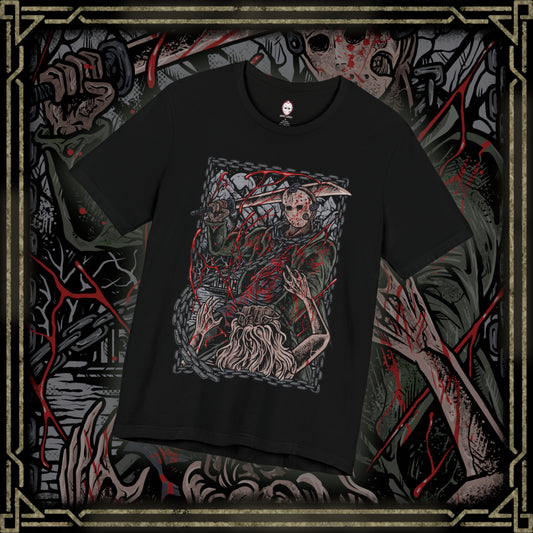 Thumbnail of a T-Shirt design of Jason Voorhees from Friday the 13th, standing at the edge of Crystal Lake beneath a moonlit sky. His hockey mask reflects dim light as he grips a bloodstained machete, with trees and cabins fading into darkness behind him. The design captures the eerie silence of the camp and the unstoppable presence of a killer bound to the легенd of Crystal Lake.