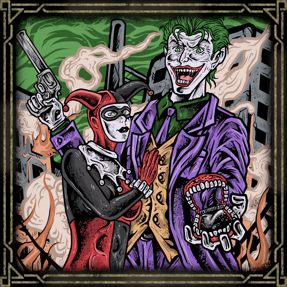 Artwork of Joker and Harley Quinn. Joker and Harley Quinn are among the most iconic villains in the DC Universe. Their chaotic partnership blends dark humor, unpredictable violence, and twisted romance, leaving a trail of mayhem across Gotham City. Together, they have become enduring symbols of comic book chaos and psychological complexity.