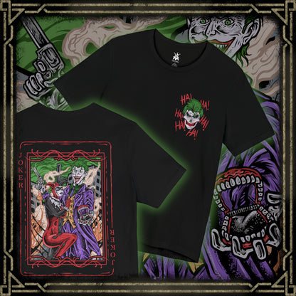 Thumbnail of a T-Shirt artwork depicting the Joker and Harley Quinn embracing chaos in the streets of Gotham City, with explosions, scattered poker chips, and purple-green smoke filling the background. The Joker flourishes a deck of cards while Harley balances her signature bat across her shoulders. This design reflects madness, rebellion, and the twisted bond that blurs the line between obsession, loyalty, and destruction.
