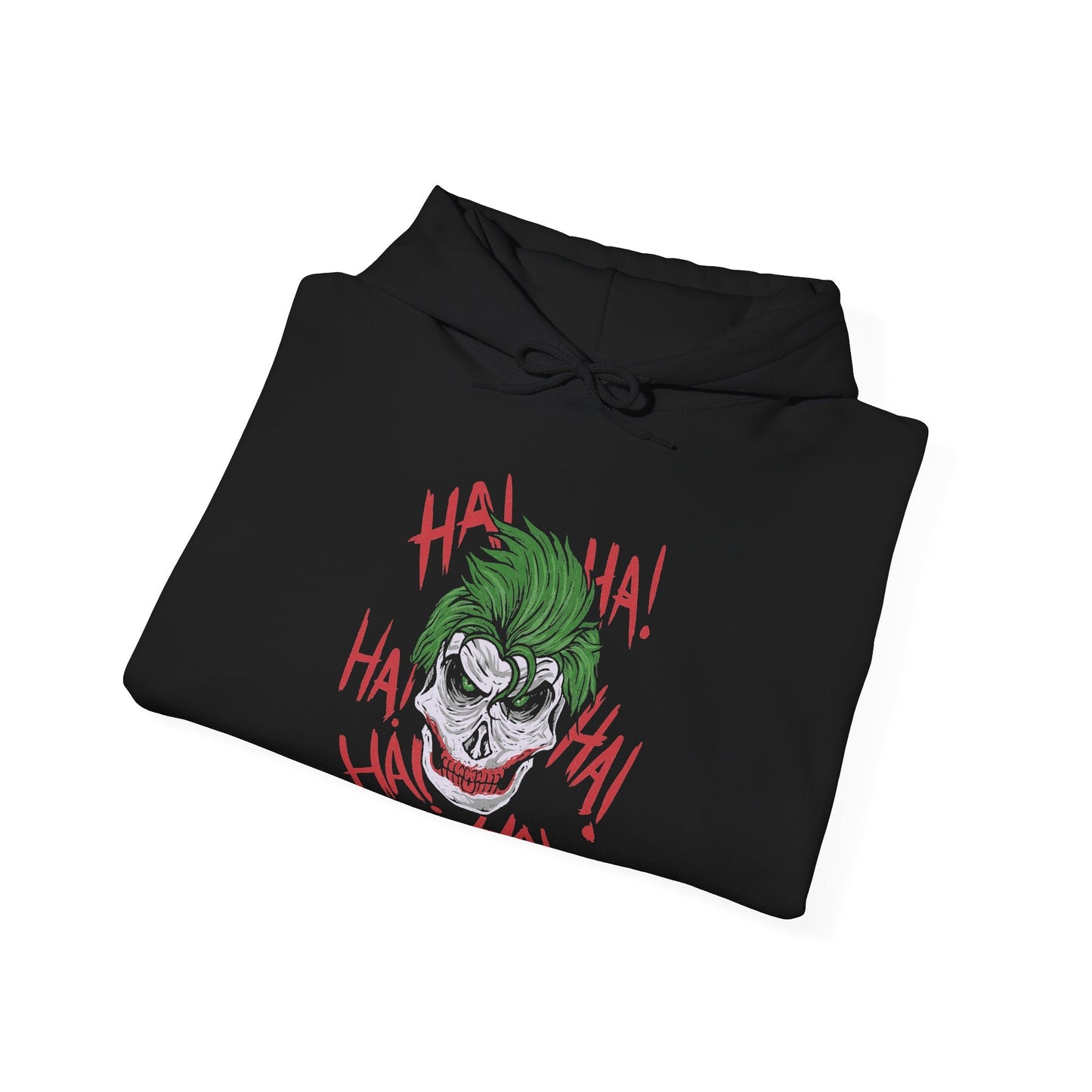 Image 6 of a Hooded Sweatshirt of the Joker and Harley Quinn seated atop a pile of stolen cash and broken carnival props beneath neon lights. Harley’s colorful outfit contrasts with the Joker’s eerie purple suit as confetti and smoke swirl through the air. The composition emphasizes comic-book chaos, psychological manipulation, and the unforgettable partnership between Gotham’s Clown Prince of Crime and his equally unpredictable accomplice.