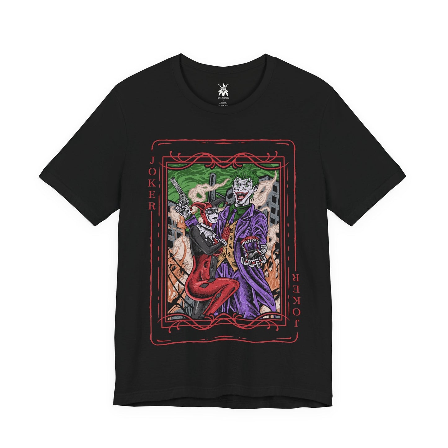 Image 4 of a T-Shirt design of the Joker and Harley Quinn from DC Comics, standing amid a rain-soaked Gotham alley as playing cards, graffiti, and chaotic laughter surround them. The Joker’s sinister grin contrasts with Harley’s mischievous smile as she twirls her oversized mallet. The design captures their unpredictable partnership, anarchic romance, and the dangerous chemistry that has made them one of comic history’s most iconic villain duos.