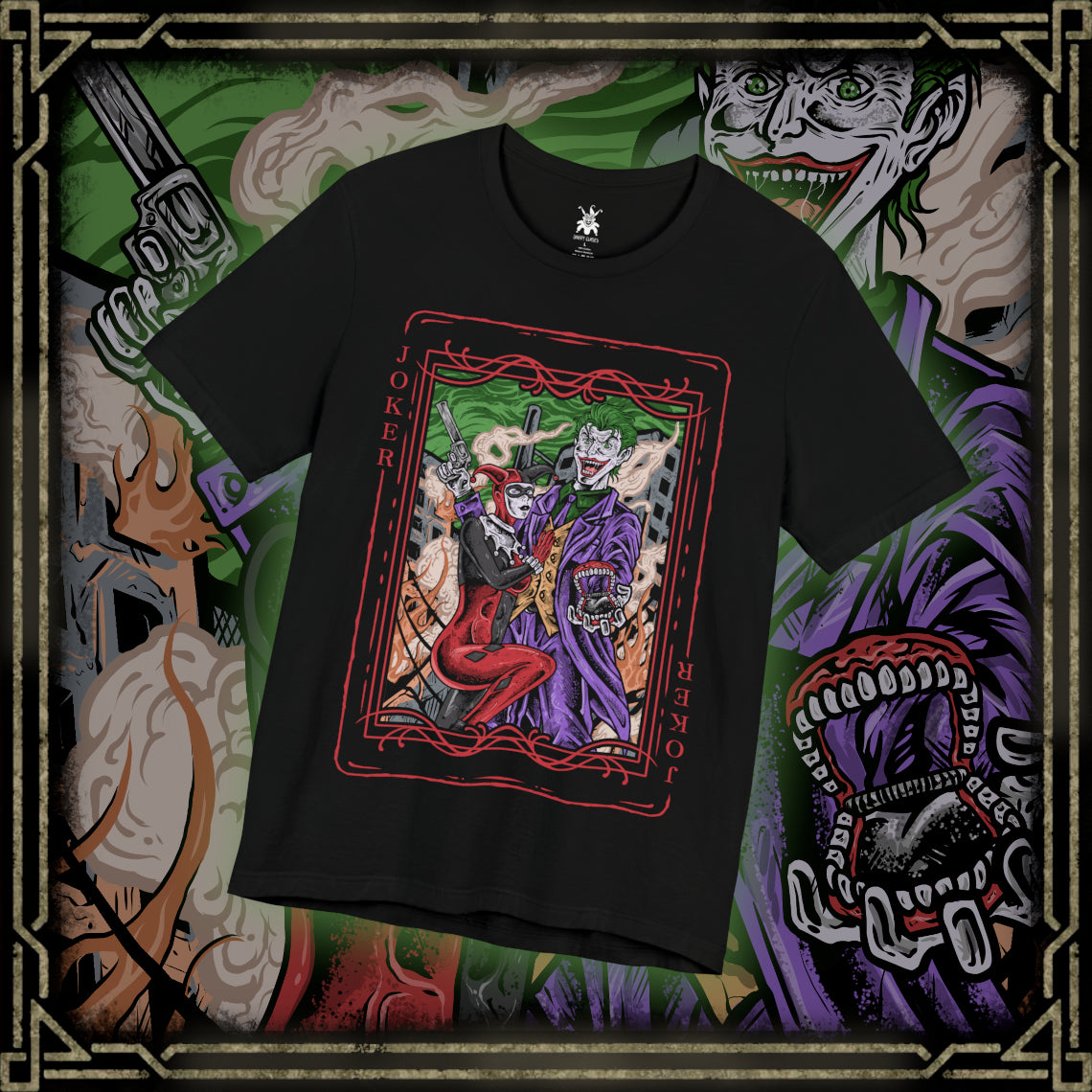 Thumbnail of a T-Shirt design of the Joker and Harley Quinn from DC Comics, standing amid a rain-soaked Gotham alley as playing cards, graffiti, and chaotic laughter surround them. The Joker’s sinister grin contrasts with Harley’s mischievous smile as she twirls her oversized mallet. The design captures their unpredictable partnership, anarchic romance, and the dangerous chemistry that has made them one of comic history’s most iconic villain duos.