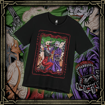 Thumbnail of a T-Shirt design of the Joker and Harley Quinn from DC Comics, standing amid a rain-soaked Gotham alley as playing cards, graffiti, and chaotic laughter surround them. The Joker’s sinister grin contrasts with Harley’s mischievous smile as she twirls her oversized mallet. The design captures their unpredictable partnership, anarchic romance, and the dangerous chemistry that has made them one of comic history’s most iconic villain duos.
