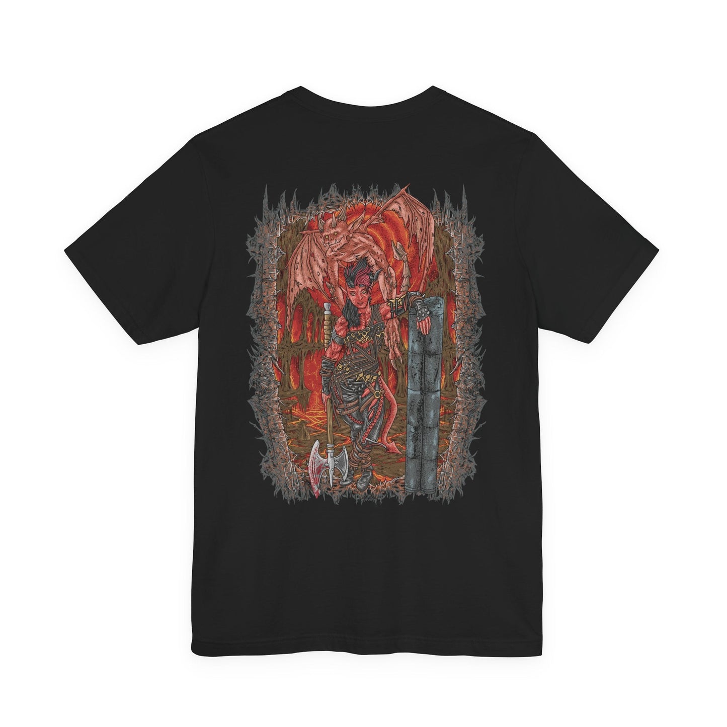 Image 5 of a T-shirt artwork depicting Karlach standing amid burning battlefield ruins, her infernal engine glowing like a furnace beneath scorched armor. Sparks and embers swirl through the air as she grips her weapon with fierce determination. This design reflects her past as a warrior enslaved in Avernus, her rage against tyranny, and the blazing strength that defines her legend.