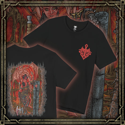 Thumbnail of a T-shirt artwork depicting Karlach standing amid burning battlefield ruins, her infernal engine glowing like a furnace beneath scorched armor. Sparks and embers swirl through the air as she grips her weapon with fierce determination. This design reflects her past as a warrior enslaved in Avernus, her rage against tyranny, and the blazing strength that defines her legend.